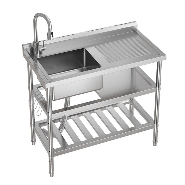 BeesClover Commercial Stainless Steel Utility Sink, Freestanding Single Bowl Laundry/Kitchen Sink with Pull-Down Hot & Cold Water Faucet, Built-In Wash Board, Open Shelf for Indoor and Outdoor Use