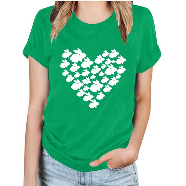RKSTN Hauts pour Femmes 2024 Été Décontracté Ample Grande Taille Imprimé Graphique Lapin de Pâques Blouse Mode Col Rond Manches Courtes T-shirt