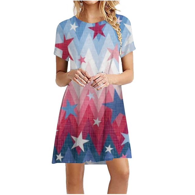 LNGOOR Robes d'Été de Jour de l'Indépendance pour les Femmes à Manches Courtes Étoiles Rayures Imprimées Casual Col Rond A-Ligne Mini Robe