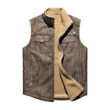 WRKEKC Mens Puffer Vest Solid Color Moto Pocket Thickened Warm Zip Leather Vest Casual Outerwear Jacket for Fall and Winter