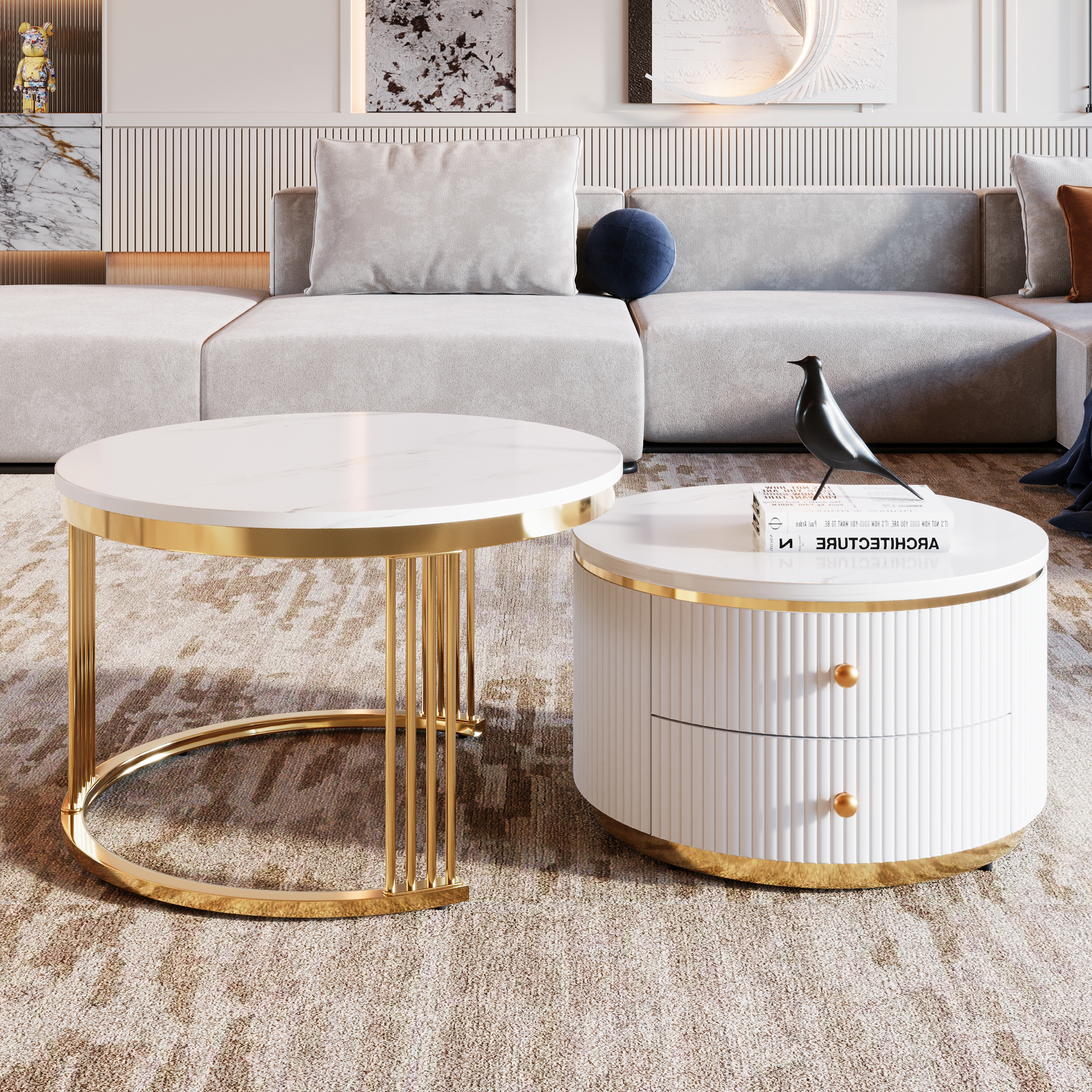 Homy Casa Tables Basses Rondes Modernes 27,6 Pouces Blanches avec Tiroirs