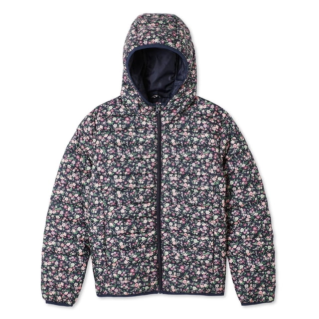 George Girls' Hooded Puffer Jacket in navy with a small floral print featuring pink, white, and green flowers. The quilted, water-repellent jacket has a full-zip front, hood, long sleeves, two on-seam pockets, and a straight hem, suitable for layering in cold weather.
