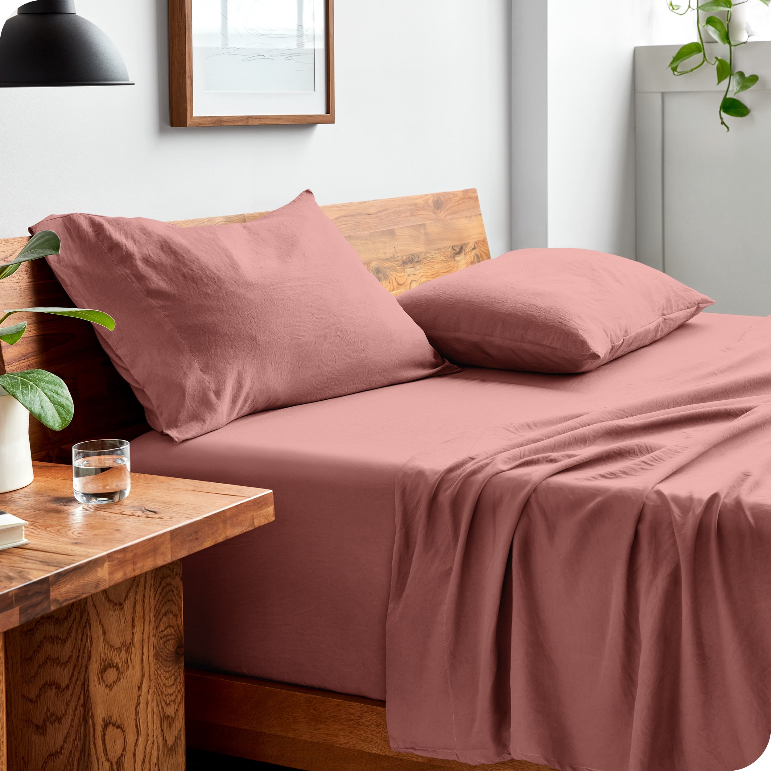 Bare Home Washed Sheet Set - Premium 1800 Collection - Deep Pocket - 4 Piece - King, Dusty Rose