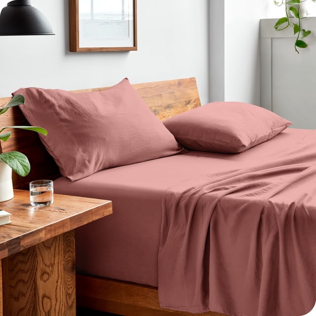 Bare Home Washed Sheet Set - Premium 1800 Collection - Deep Pocket - 4 Piece - Queen, Dusty Rose