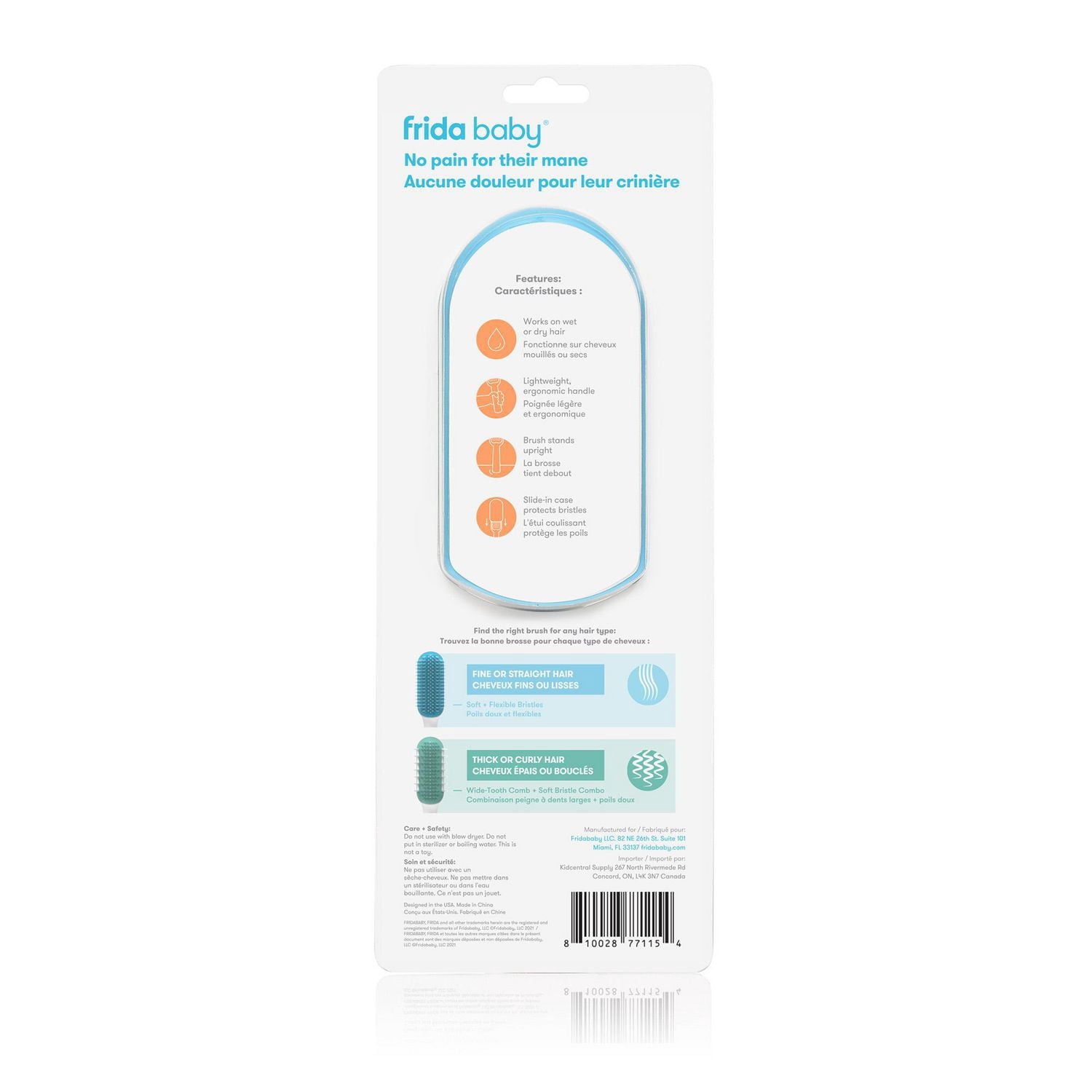 Frida Baby - Brosse démêlante pour cheveux fins ou raides, brosse pour enfants, démêle les nœuds sans déchirures ni casse, dents de peigne et conception de poils