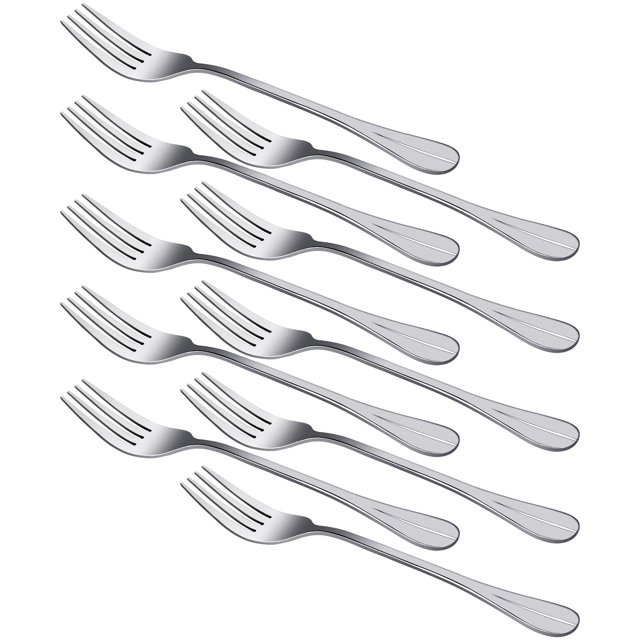 Unique Bargains Restaurant Dinner Metal Tableware Flatware Serving Fork 7 Inches Long 10PCS. A set of ten stainless steel forks with a polished finish, each measuring 18 cm (7 inches) in length and 2.5 cm (1 inch) in width. The forks feature smooth edges and a durable one-piece design, suitable for both commercial and home use. Ideal for events like BBQs, picnics, and dinner parties.