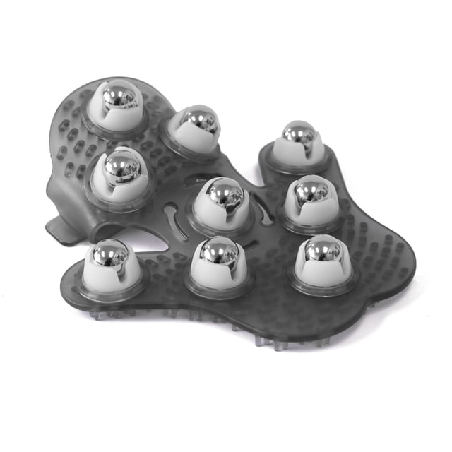 Roller and Palm Massager with nine steel balls on a flexible grey base featuring textured acupressure nodes and an adjustable hand strap, designed for trigger point therapy and 360-degree rotation to improve circulation and relieve stress with deep relaxation, also suitable for use at home, office, or while traveling.