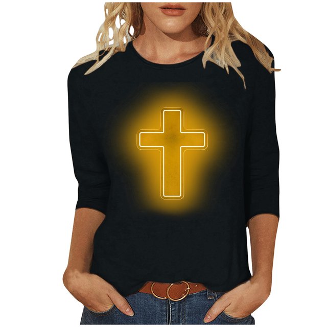 RKSTN Hauts pour Femmes Mode Décontractée Imprimé Crucifix Col Rond Manches 3/4 T-Shirt Couleur Unie Ajusté Blouse Printemps Été