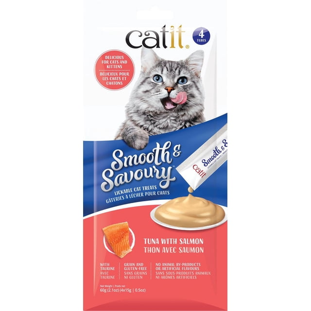 Catit Smooth & Savoury Cat Treat, Tuna with Salmon, 4 pack featuring a gray tabby cat licking its lips, with a tube dispensing creamy cat treat onto a plate, grain and gluten-free, fortified with taurine, free from animal by-products and artificial flavours, ideal as a lickable snack or food topper.