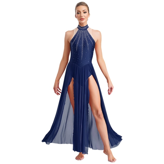 YUUMIN Costumes de Danse Lyrique pour Femmes Jupe Fluide Strass Robe Maxi Fendue Tenue de Danse Moderne Bleu Marine G