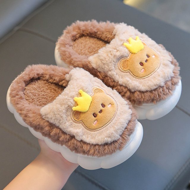 RXIRUCGD Winter Children Add Plush Non-slip Keep Warm Home Cotton Slippers( Coffee, Size:32 )