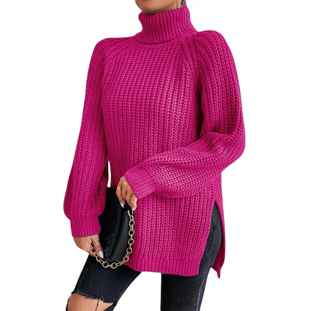 EYIIYE Chandail d'Automne et d'Hiver pour Femme à Manches Longues, Col Roulé, Tricot, Chandail, Couleur Unie, Ourlet Fendu, Long Tricot, Chandail, Ample, Décontracté, Confortable, Hauts