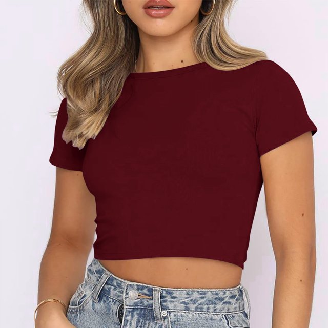 Jsaierl Women's Solid Color Short Tops Summer Round Neck Short Sleeve T-Shirts Slim Classic Versatile Tees