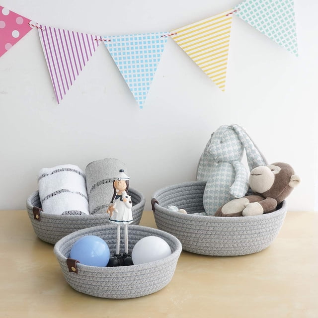 Storage Basket Three Piece Set, Rope Material Organizer, Household Dirty Clothes Toys Miscellaneous Storage, Elegant Design with Leather Handles, Varied Sizes, Easy to Clean