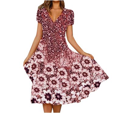 Robes d'Été pour Femmes 2023 Robes pour Femmes Liquidation Robe d'Été pour Femmes à Imprimé Floral Manches Courtes Col en V Robes à Empiècements en Dentelle Mode Robe à Jupe Longue