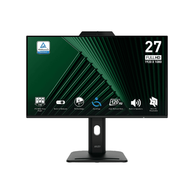 MSI Moniteur IPS de 27 Pouces avec Résolution 1920 x 1080 (FHD), Taux de Rafraîchissement 120 Hz et Temps de Réponse 1 Ms (MPRT). Les Fonctionnalités Incluent une Caméra Web FHD Intégrée avec microphone Numérique et Couvercle, Deux Haut-Parleurs Intégrés, et un Écran Certifié TUV pour la protection des Yeux. le Support Ergonomique Offre des Réglages d'Inclinaison, de Pivotement, de Hauteur et de pivot, avec une Conception mini-PC Montable. Inclut MSI EyesErgo et une Technologie Anti-Fleure