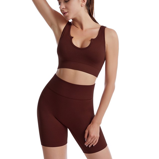 Coofit Workout Outfit Set 2-Piece Quick-drying Ribbed Crop Top Yoga Shorts for Women