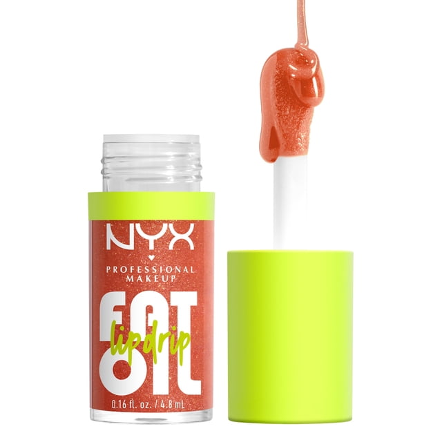 NYX PROFESSIONAL MAKEUP Fat Oil Lip Oil in a clear tube with lime green cap, showing coral shimmer lip oil on the applicator wand, providing 12-hour hydration and non-sticky high shine for lip care.