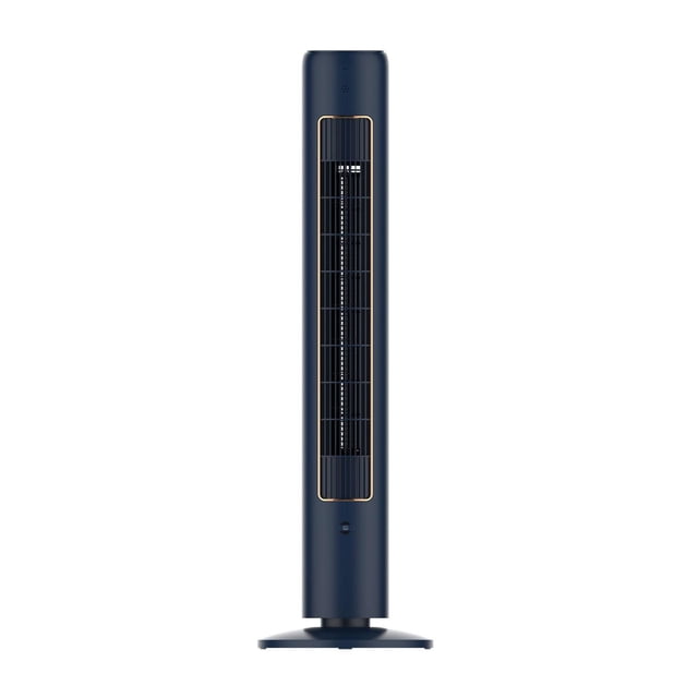Ecohouzng 40 In. Tower Fan with Remote in dark blue with gold trim, front view showing slim oscillating vertical grille on a round base, designed for compact spaces and efficient airflow in homes or offices.