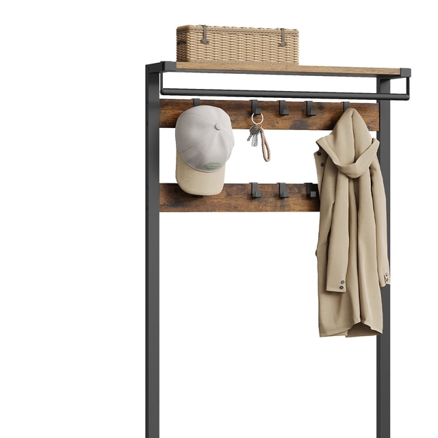 VASAGLE Hall Tree with Bench and Shoe Storage, an entryway organizer crafted from vintage brown particleboard and ink black steel. Features include 10 hooks for coats, hats, and keys, a clothing rail, a top shelf for storage, two fabric drawers, and lower shelves for shoes. Dimensions are 11.8 x 31.7 x 71.5 inches.