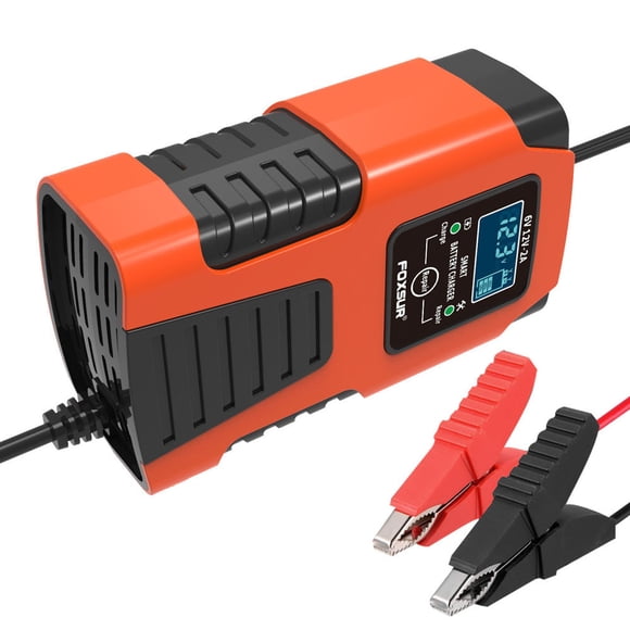 FOXSUR Universal 6V/12V Smart Battery Charger for Motorcycle, Car, and Toy Vehicles - 3-Stage Charging, Multi-Protection, Compact Design, 100-240V Input, ABS Material, EU/US Plug Options.
