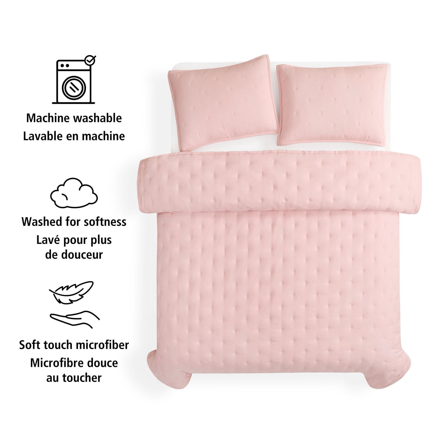 Ensemble de couette Mainstays format Queen, doux, léger et toutes saisons, 3 pièces, rose