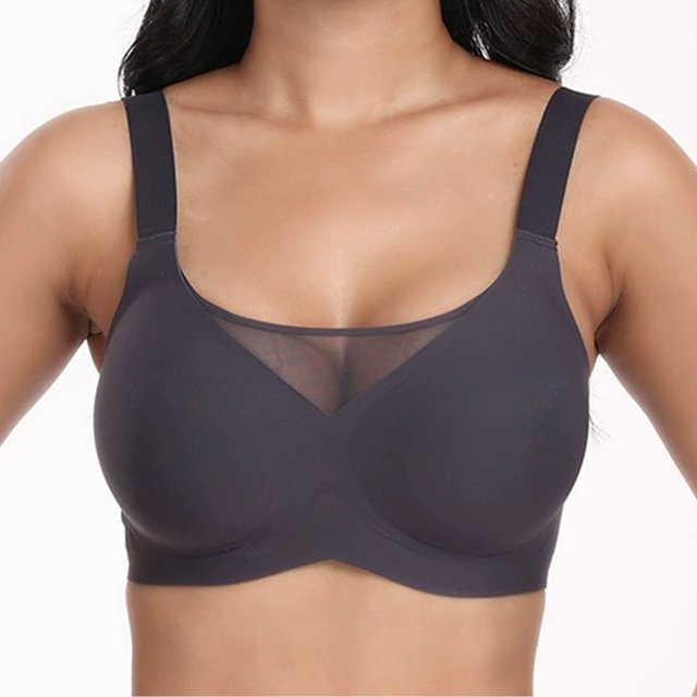 MIONGO Plus Size Seamless Jelly Bra with wireless design for maximum comfort and sag retraction support. Made of nylon and spandex, shown in dark grey with mesh detail at the neckline. Ideal for plus-size women, it offers full coverage, smooth fit under clothing, and adjustable straps. Suitable as a sports bra or for everyday wear, providing wireless support and natural feel.