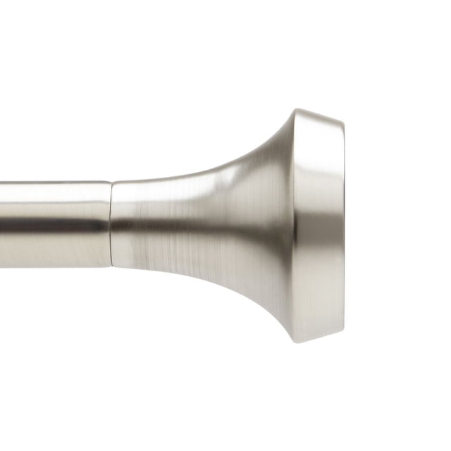 Ella 1 Rod 36-72 nickel and steel curtain rod with trumpet-shaped nickel-finished metal finials, extendable to fit various window sizes, includes brackets and mounting hardware for easy installation.