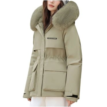 Ecqkame Women's Down Jackets Big Hair Collar Solid Color Full Zip Hooded Jacket Winter Thick Warm Long Sleeved Outerwear Coats Green XXL