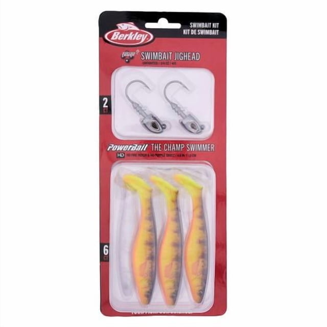 Berkley Powerbait The Champ Swimbait Kit avec Deux jigheads Swimbait silver Fusion19 Dotés d'Hameçons à Pointe Aiguille et de six Perches Jaunes Powerbait The Champ Swimmer swimbaits à Nage Douce en Emballage Rouge et Noir, Convenant à la Pêche en Eau Douce et Souvent Utilisés pour Cibler Diverses Espèces d'Eau Douce.