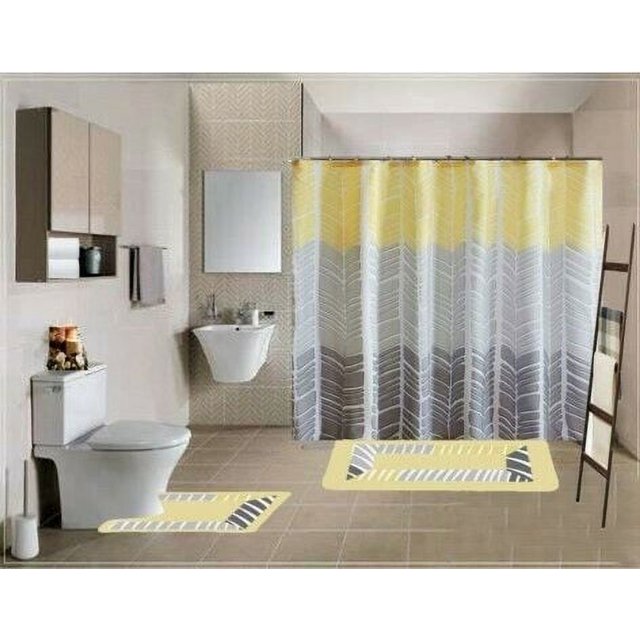 15-Piece Bathroom Set 2-Rugs/Mats Non Slip 1 Fabric Shower Curtain With 12-Fabric Covered Rings Different Styles and Colors For Home Bath Dcor Peony Purple