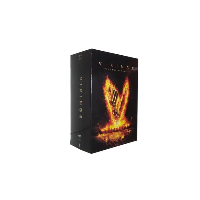 Vikings: The Complete Series (DVD) box set featuring a dramatic cover design with a Viking ship engulfed in flames against a dark background. The packaging highlights the epic historical drama series about Viking warriors, including Ragnor and his family, as they navigate battles and betrayals. The set includes 27 discs and is unbranded.