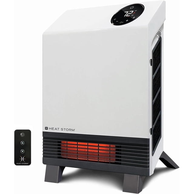 Heatstorm Wave Floor to Wall Infrared Space Heater in white with black base and side vents, showing glowing infrared quartz heating element behind front grill, digital thermostat display reading 72°F on top right, and black remote control with power and temperature buttons, designed for small rooms with child lock and anti-trip breaker safety features.