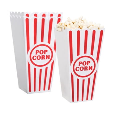 8 Pcs Plastic Red & White Striped Classic Popcorn Containers for Movie Night - 7.8" Tall x 3.8" Square