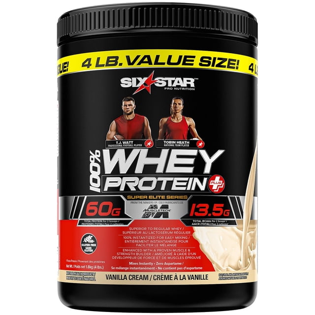 Six Star 100% Whey Protein Plus, Whey Protein Powder + Creatine Monohydrate, Whey Protein Isolate & Peptides, Lean Protein Powder for Muscle Gain, Whey Isolate Protein Shake, Vanilla, 4 lbs