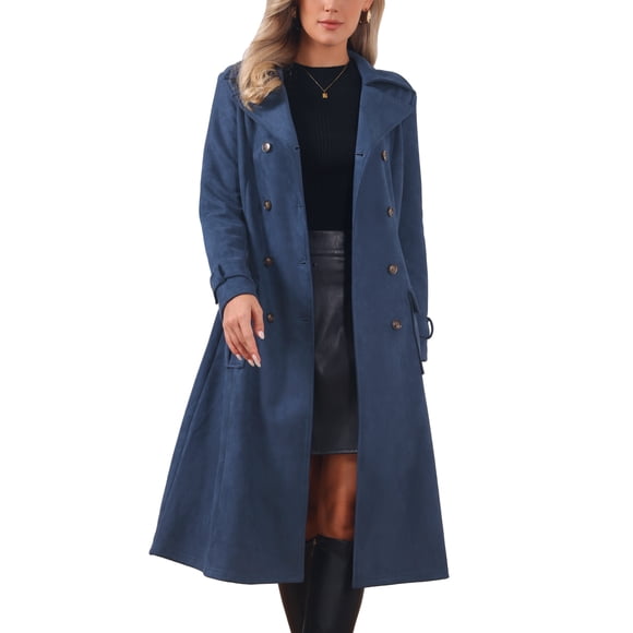 INSPIRE CHIC Faux Suede Trench Coat for Women's Notched Lapel Double Breasted Belted Long Sleeves Coats M Navy Blue
