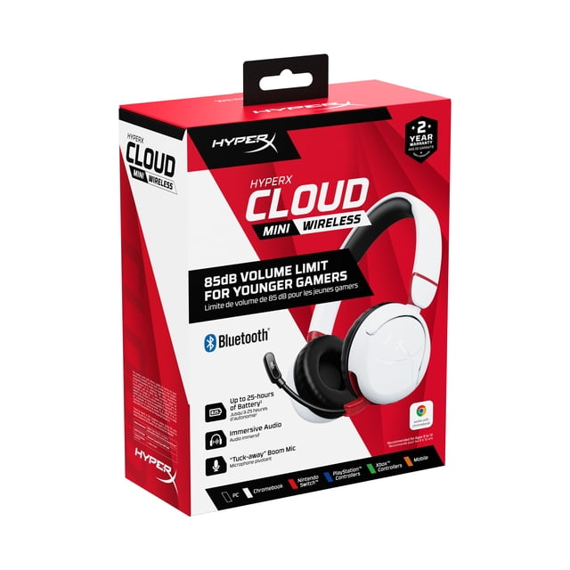 HyperX Cloud Mini Over-Ear Sound Isolating True Wireless Headphones in white and red, designed for younger gamers with an 85dB volume limit, Bluetooth wireless connection, up to 25 hours battery life, immersive audio, and tuck-away boom mic, compatible with PC, Chromebook, Nintendo Switch, PlayStation, Xbox controllers, and mobile devices.