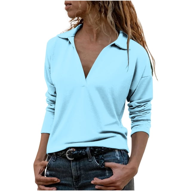 Yuyuzo Chemises à Manches Longues pour Femmes Col en V Couleur Unie Col Rond Tunique Chandail Tops Blouses