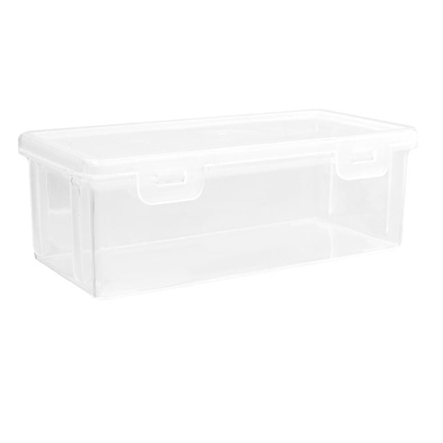 Amzcrzy Storage and Organization Storage Boxs Plastic Spice Storage Box Seasoning Box Household Kitchen Sealed Seasoning Can. A transparent rectangular plastic storage container with a secure lid, designed for organizing spices, food, or other kitchen essentials. The clear design allows easy visibility of contents, and its stackable structure helps save space in pantries or cupboards. Suitable for refrigerator storage and general kitchen organization.