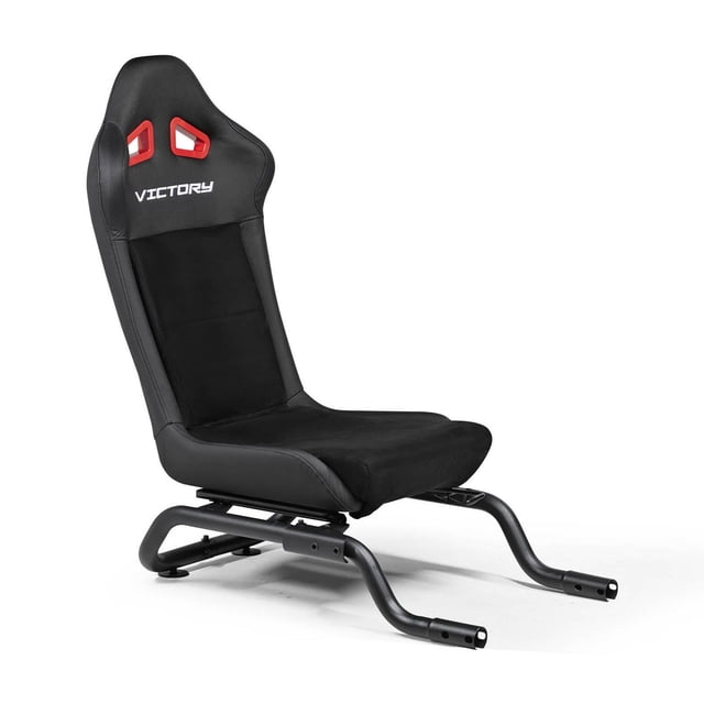 Next Level Racing® Victory Seat Add-On for Wheel Stand Lite 2.0 with a black ergonomic racing seat featuring red cutout accents near the headrest and white 'VICTORY' branding, mounted on a tubular steel frame with an adjustable seat slider, designed to convert the Wheel Stand Lite 2.0 into a full GT-style racing cockpit for immersive sim racing.