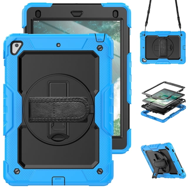 Case for iPad 6th / 5th Gen (2018 2017) / iPad Air 2 / iPad Pro 9.7 inch with Screen Protector, 360 Degree Rotating Kickstand Hand Strap Shockproof Cover with Shoulder Strap, Sky Blue