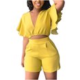 thumbnail image 1 of Mikilon Womens Oversized Stylish Outfits 2 Piece Set Ruffle Short Sleeve V-Neck Top Casual Shorts Summer Plus Size Suit Ruffle Short Sleeve V-Neck Top Casual Shorts Summer Plus Size Suits Yellow S, 1 of 7