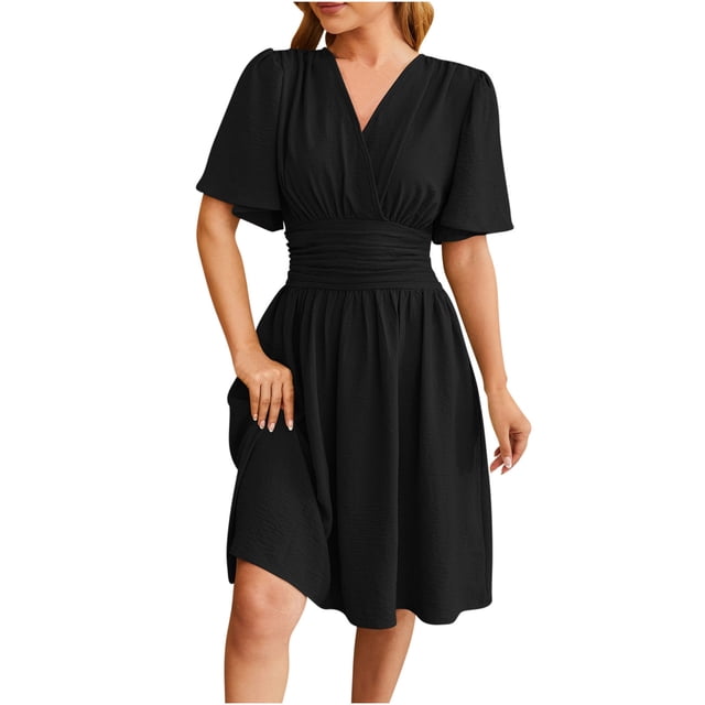 QIPOPIQ Spring Summer Dress for Women Casual Ruffle Short Sleeve Wrap V-Neck Dress with Pockets Clearance