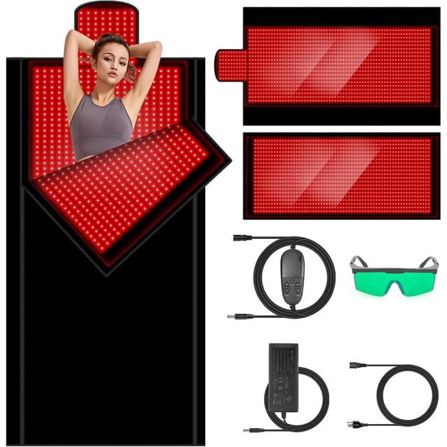 New Red Light Therapy Mat Full Body 84.6'' x 33.5'' with 2680pcs LED beads featuring 660nm and 850nm wavelengths for pain relief and energy. The image shows a large infrared light therapy mat with a person lying on it, emitting red light. Includes a multifunctional controller, protective green glasses, and power cables. The mat can be divided into two sections for versatile use and features durable, skin-friendly materials.