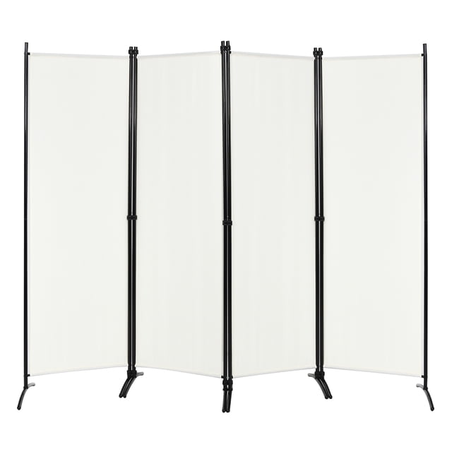 Costway 4-Panel 5.6ft Room Divider Folding Fabric Privacy Screen with a white polyester fabric and black steel frame. The freestanding design features four connected panels with arced feet for stability. Suitable for creating private spaces or blocking sunlight in living rooms, offices, or patios. Foldable for easy storage and portability.