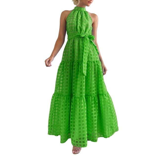 SUNSIOM Robe Longue pour Femme, Élégante Robe d'Été Sans Manches à Col Roulé à Carreaux Évasée en Vert avec Ceinture Assortie. Fabriquée en polyester Léger, Cette Robe d'Été pour Femme Présente un Motif à Carreaux, une Jupe à Étages et une Taille Ajustée. Idéale pour les Cocktails, les Tenues Décontractées Ou les Sorties en Vacances.