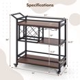thumbnail image 3 of Costway 3-tier Bar Cart on Wheels Home Kitchen Serving Cart with Wine Rack & Glass Holder Brown, 3 of 10