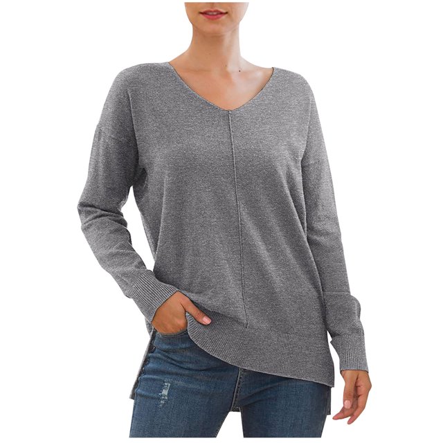 Birdeem Chandail à Manches Longues pour Femme, Uni, Col en V, Chandail à Col en V