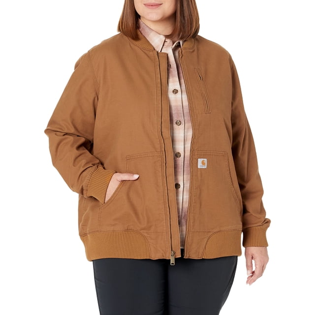 Carhartt Women's Crawford Bomber Jacket, Brown, Small front-facing short bomber jacket in Carhartt brown canvas with rugged flex construction, rib-knit collar, cuffs and waistband, visible mesh lining, two lower-front pockets and chest map pocket on a neutral background; often used as a casual workwear layering piece.