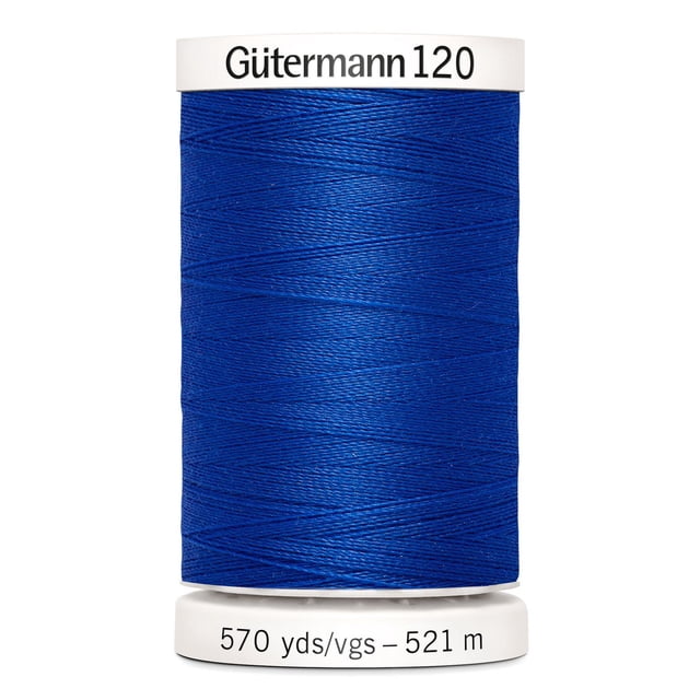 Gutermann 120 100% polyester all purpose thread spool in royal blue, tightly wound on a white plastic spool labeled 'Gutermann 120' and '570 yds/vgs – 521 m', suitable for machine and hand sewing cotton, synthetic, and wool fabrics, also ideal for craft and DIY projects.
